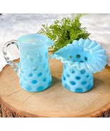 Vintage Coin Dot Blue Ruffle Opalescent Mini Pitcher Sugar Hat Vase Set ... - $99.26 CAD
