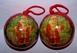Vintage Handmade Set of 2 STYROFOAM BALL DECOUPAGE Ornaments - SANTA w/TREE - £7.96 GBP