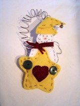 Handcrafted Snowman in Yellow Star Christmas Ornament Green Buttons - £9.37 GBP