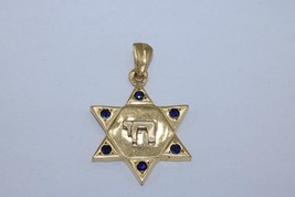 14K Yellow Gold Star of David Hai Chai Jewish Pendant Charm Sapphire Accent - £335.62 GBP