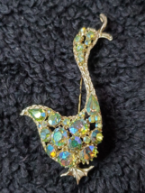 Long Neck Goose Pin Goldtone AB Rhinestones 3.25in Vintage Estate Sparkling - $17.77