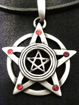 Dbl Pentacle Star Red Crystals Pewter Pendant Necklace - £9.61 GBP