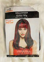 Adult Long Black Red Streaks Wig Bangs Vampire Halloween One Size 1 Piece Goth - £7.75 GBP