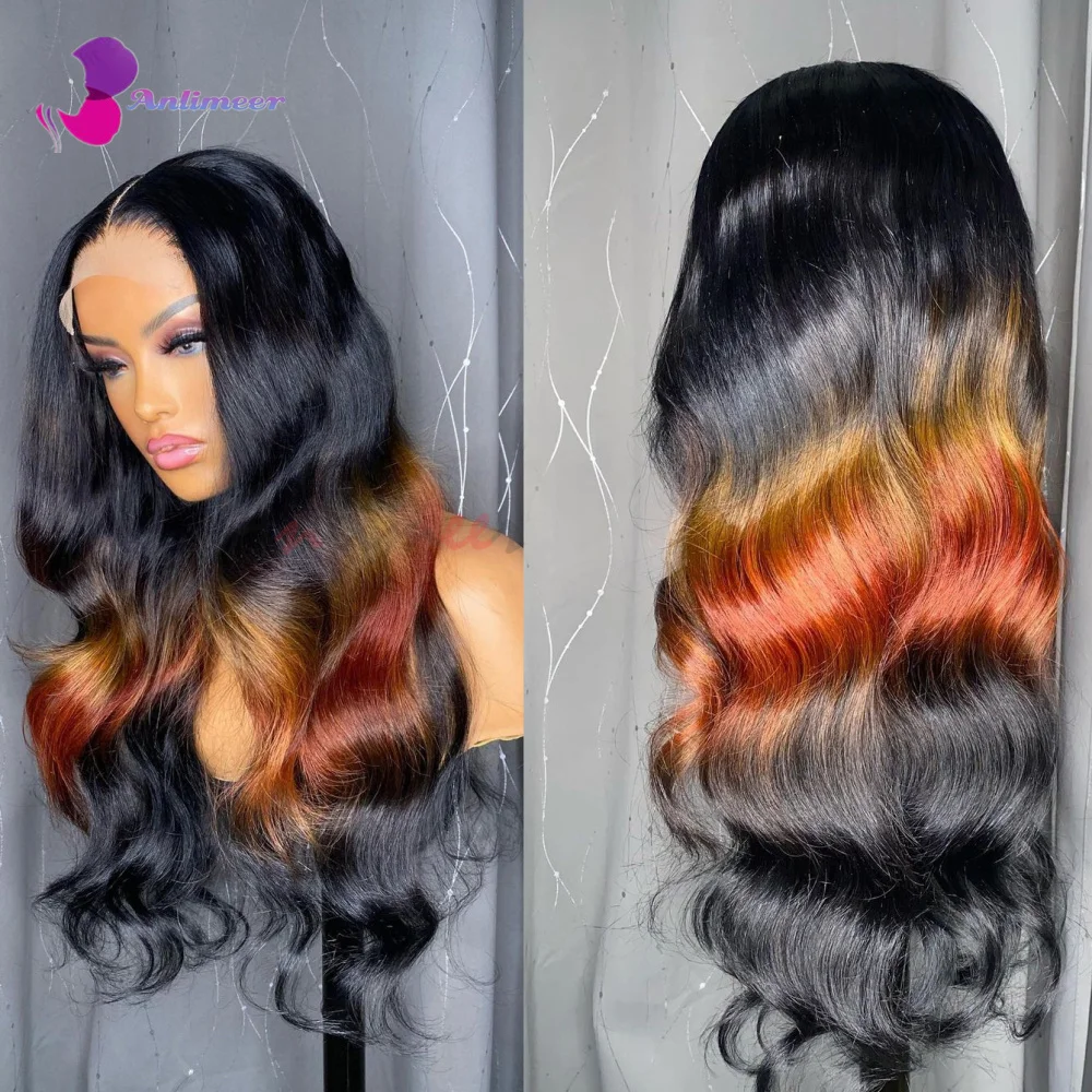 Jet Black Ombre Orange Ginger Mixed Colored Human Hair Long Wigs Body Wave Lace - £245.11 GBP+