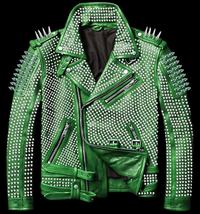 Men&#39;s Biker Studded GREEN Leather Jacket All Size Distressed Multi stud ... - £304.83 GBP