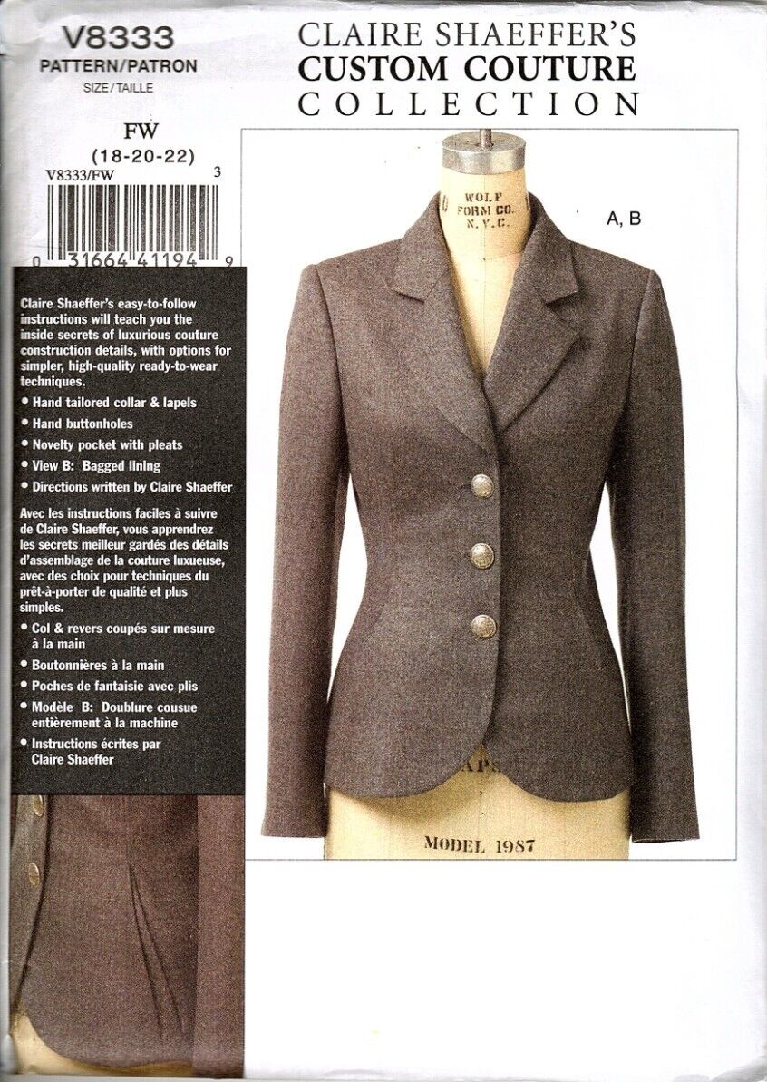 Vogue V8333 Misses 18 to 22 Lined Jacket Uncut Designer Couture Sewing Pattern - £14.49 GBP
