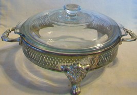 Clear Glass Casserole Bowl with Lid and Silverplated Serving Stand - $57.00