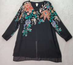 Chico&#39;s Blouse Top Women Sz 2 Black Multi Sheer Floral V Neck Open High Low Slit - £18.15 GBP