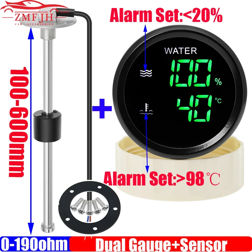 52mm Dual Gauge+Water Temp Sensor+Water Level Sensor 0-190 ohm Digital Water - £10.99 GBP+