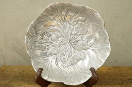 Vintage Cast Metal Tray Aluminum Metalware Cabbage Leaf &amp; Bunny Rabbit Family - £16.90 GBP