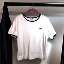 Vintage Adidas Women&#39;s Large Y2K Navy/White Logo Ringer Short Sleeve Shirt - £14.90 GBP