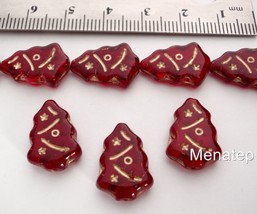 12 17x7mm Czech Glass Christmas Tree Beads: Ruby - Gold Inlay - £1.49 GBP