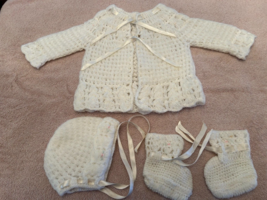 White Crocheted Baby Sweater, Cap, And Booties Hand-Made In Japan - $17.00