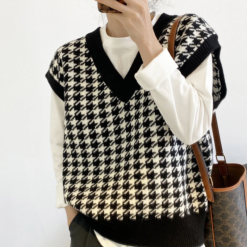 Autumn Women Houndstooth Loose  Vest  V-Neck Sleeveless Thick Casual  Suits Fema - £95.35 GBP