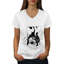 Wellcoda Space Cow Milk Fantasy Womens V-Neck T-shirt,  Graphic Design Tee - £15.79 GBP
