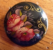 Vintage 1993 Signed PALEH Hand Painted Black Lacquer FLORAL Round Pin Brooch - £18.03 GBP