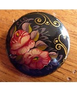 Vintage 1993 Signed PALEH Hand Painted Black Lacquer FLORAL Round Pin Br... - $30.54 CAD