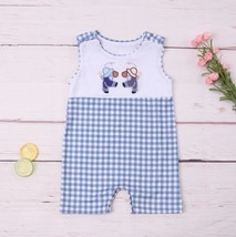 NEW Boutique Baseball Baby Boys Blue Plaid Romper Jumpsuit Shortalls Overalls - £13.54 GBP