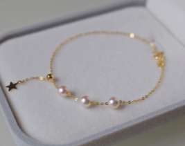 18ct Solid Gold Akoya Pearls &amp; Hanging Star Bracelet, 18K Au750, chain, gift - £166.54 GBP