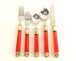 5-Pc Vintage Flatware Place Setting, Red Acrylic Handles, Silver Tone Co... - $14.65