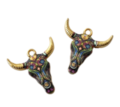 10 Gold Colorful Long Horn Ox Cow Steer Skull Yin Yang Bead Drop Charms ... - £3.94 GBP