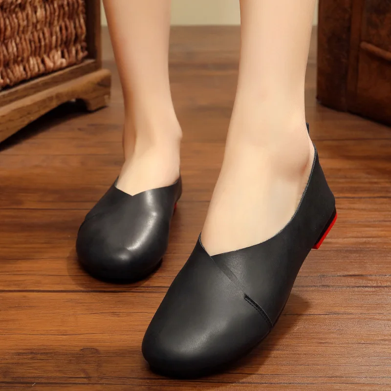 Big Round Toe Leather Flat Shoes Woman Retro Soft Bottom hide Loafers Female  Le - £148.80 GBP