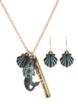 Mermaid Shell Necklace &amp; Earrings Set Rose Gold Verdigris Color Fashion Ocean - £14.78 GBP