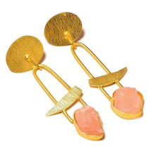 Rough Rose Quartz Natural Gemstone Micro Gold Plated Handmade Dangle Earrings - £16.05 GBP