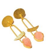 Rough Rose Quartz Natural Gemstone Micro Gold Plated Handmade Dangle Ear... - $27.34 CAD