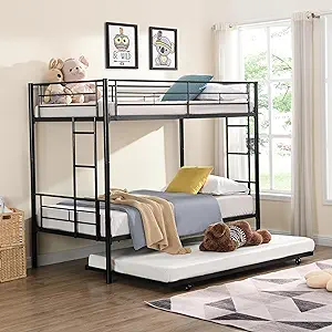 Twin Over Twin Triple Bunk Bed With Twin Size Trundle,Metal Bunk Bed With Trundl - £366.56 GBP