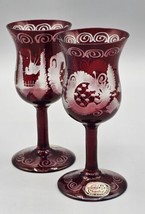 (2) VINTAGE Bohemian Crystal Red Etched 4&quot; Glasses, Made in Czechoslovakia - £33.62 GBP