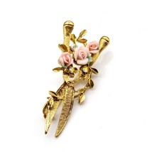 1928 Roses and Gardening Shears Brooch, Vintage Romantic Lapel Pin with Bisque - £25.00 GBP