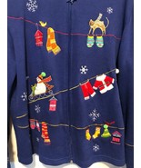 Onque Casuals Womens Cardigan Jacket Top Full Zip Blue Cotton Holiday Ch... - $41.01 CAD