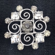 Vintage Silver Tone Scroll Work Shiny Stones or Glass Bling Brooch Pin - £8.61 GBP