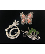 3 Vintage Brooch Pin Silver Tone Leavesw/ Jade Like Stones  Flower &amp; But... - $563.57 MXN