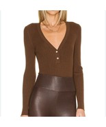 L’Agence NWT Lira Henley Ribbed V Neck Sweater Bodysuit Brown Wood Size L - £75.94 GBP