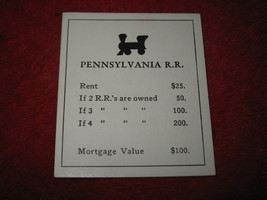 1952 Monopoly Popular Ed. Board Game Piece: Pennsylvania Railroad - Title Deed - $1.00