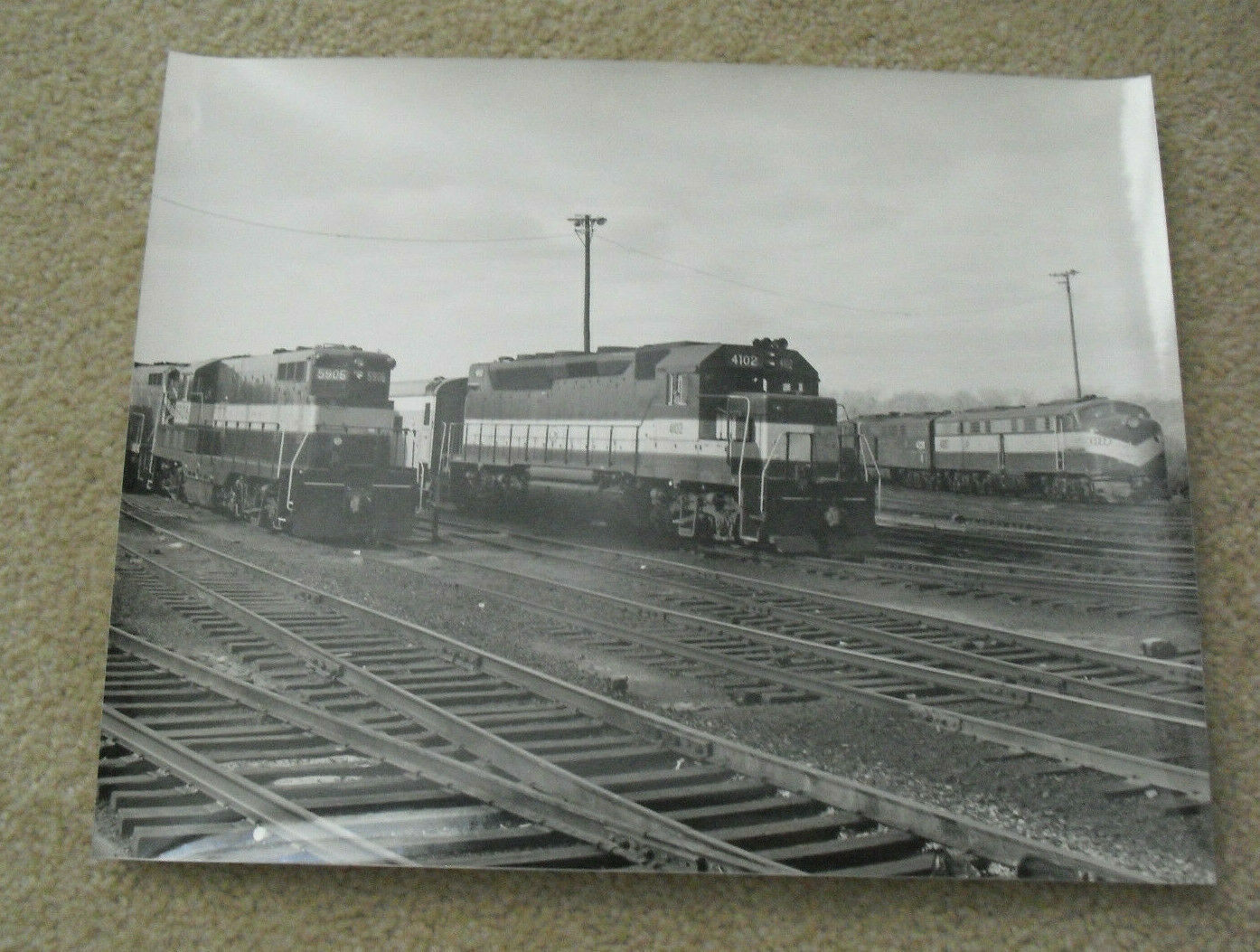 Primary image for Vintage B&W Train Photograph 11x14 Three Locomotives in Yard