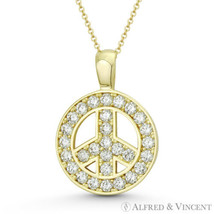 Peace Sign Hippie Charm Cubic Zirconia Crystal 20mmx14mm 14k Yellow Gold Pendant - £142.31 GBP+