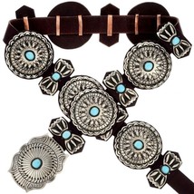 Navajo Natural Turquoise Stamped Silver CONCHO BELT Santa Fe Style V Bla... - £948.84 GBP