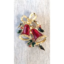 Vintage Gold Tone Christmas Bells Pin Brooch with Red Dangling Bells - £11.64 GBP