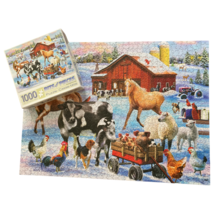 Bits and Pieces Jigsaw Puzzle Snowy Farmyard Fun Farm Cow Mary Thompson 1000 Pcs - $24.99