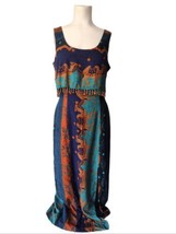 Just Choon 80s Camel Print Tribal Maxi Dress Sz 7 Beaded Fringe Side Sli... - £32.94 GBP