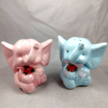 Baby Elephant Ceramic Salt Pepper ShakersPink Blue Anthropomorphic Stoppers  VTG - £5.42 GBP