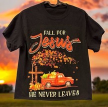 Womens Fall For Jesus He Never Leaves Pumpkin Red Trucks Happy Fall Tshirt - £11.86 GBP