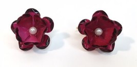 Vintage Magenta &amp; Faux  Pearl Flower Clip On Earrings 3 Dimensional - $19.00