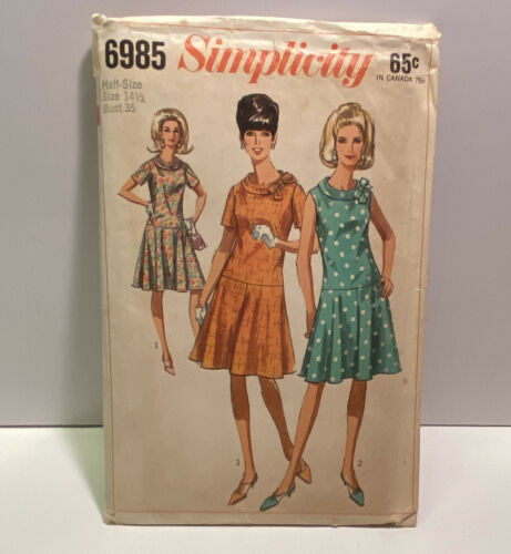 Simplicity 6985 Dress Vintage 1960s Miss Half Sz14.5 Bust 35 Womens Pattern Cut  - £9.39 GBP