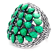 Metal Bracelet With Green Stones &amp; Blue Crystals Hinged  2 1/2&quot; X 2&quot; X 2 3/4&quot; - £15.79 GBP