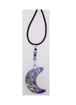 Necklace Blue Gold White Crescent Moon Glass Bead Blue Tip Black Velvet ... - $17.00