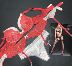 Victoria&#39;s Secret 32A BRA SET+garter+XS thong RED lace ivory gold crystallized - £78.89 GBP+